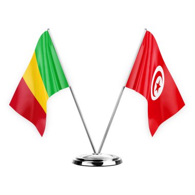 Two table flags isolated on white background 3d illustration, mali and tunisia