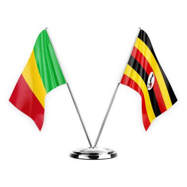 Two table flags isolated on white background 3d illustration, mali and uganda