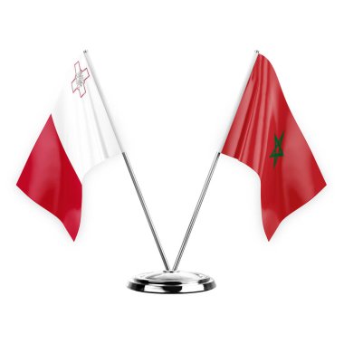 Two table flags isolated on white background 3d illustration, malta and morocco