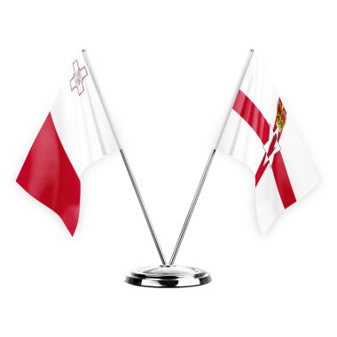 Two table flags isolated on white background 3d illustration, malta and ireland