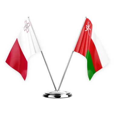 Two table flags isolated on white background 3d illustration, malta and oman