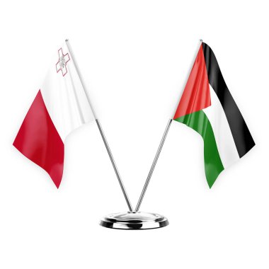 Two table flags isolated on white background 3d illustration, malta and palestine
