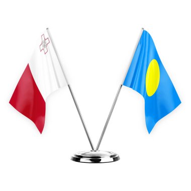 Two table flags isolated on white background 3d illustration, malta and palau