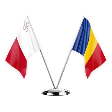 Two table flags isolated on white background 3d illustration, malta and romania