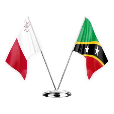 Two table flags isolated on white background 3d illustration, malta and saint kitts and venis