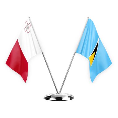 Two table flags isolated on white background 3d illustration, malta and saint lucia