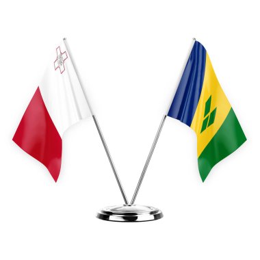 Two table flags isolated on white background 3d illustration, malta and saint vincent and the grenadines