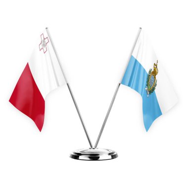 Two table flags isolated on white background 3d illustration, malta and san marino