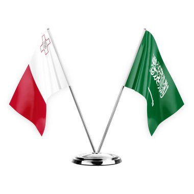 Two table flags isolated on white background 3d illustration, malta and saudi arabia