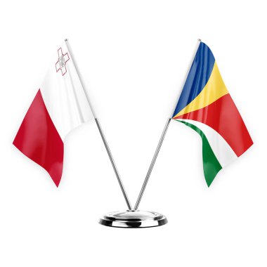 Two table flags isolated on white background 3d illustration, malta and seychelles