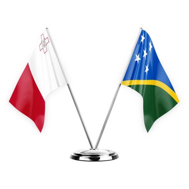 Two table flags isolated on white background 3d illustration, malta and solomon islands