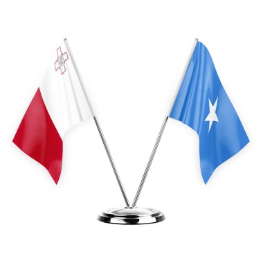 Two table flags isolated on white background 3d illustration, malta and somalia