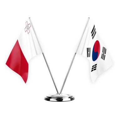 Two table flags isolated on white background 3d illustration, malta and south korea