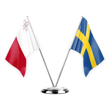 Two table flags isolated on white background 3d illustration, malta and sweden