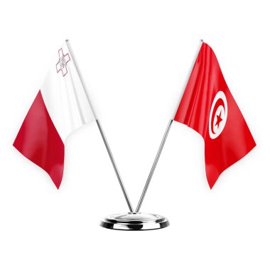 Two table flags isolated on white background 3d illustration, malta and tunisia