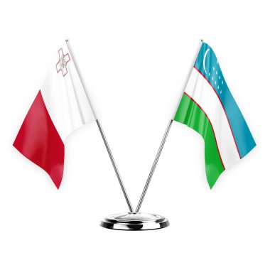 Two table flags isolated on white background 3d illustration, malta and uzbekistan