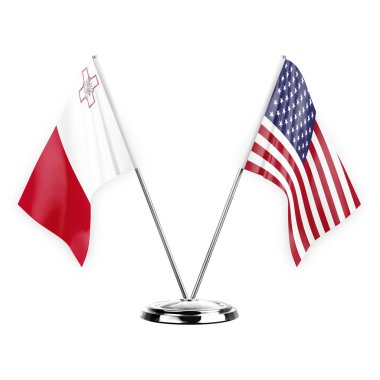 Two table flags isolated on white background 3d illustration, malta and usa