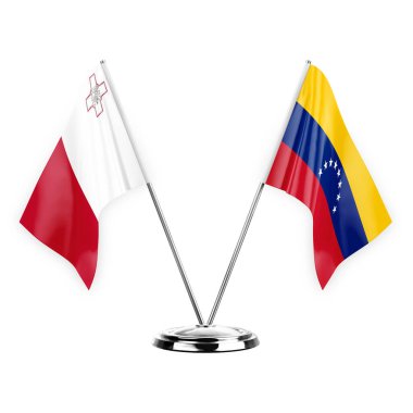 Two table flags isolated on white background 3d illustration, malta and venezuela