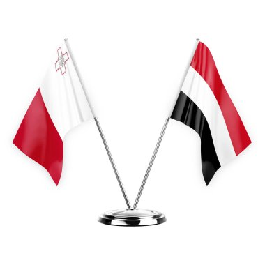 Two table flags isolated on white background 3d illustration, malta and yemen