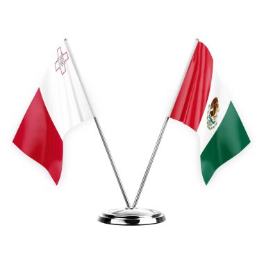 Two table flags isolated on white background 3d illustration, malta and mexico