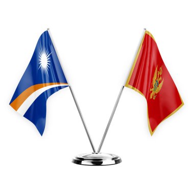 Two table flags isolated on white background 3d illustration, marshall islands and montenegro
