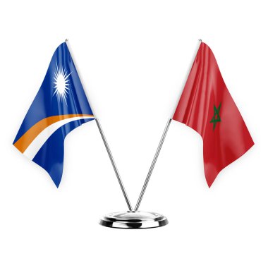 Two table flags isolated on white background 3d illustration, marshall islands and morocco