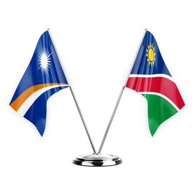 Two table flags isolated on white background 3d illustration, marshall islands and namibia
