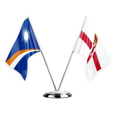 Two table flags isolated on white background 3d illustration, marshall islands and ireland