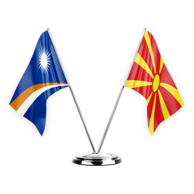 Two table flags isolated on white background 3d illustration, marshall islands and north macedonia