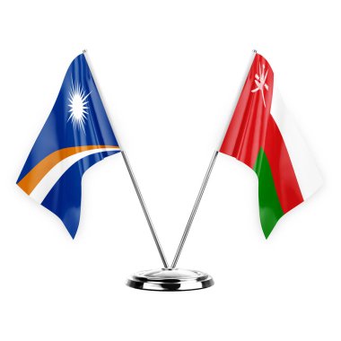 Two table flags isolated on white background 3d illustration, marshall islands and oman