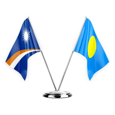 Two table flags isolated on white background 3d illustration, marshall islands and palau