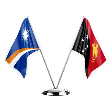 Two table flags isolated on white background 3d illustration, marshall islands and papua new guinea
