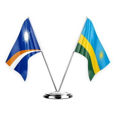 Two table flags isolated on white background 3d illustration, marshall islands and rwanda