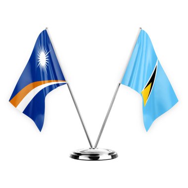 Two table flags isolated on white background 3d illustration, marshall islands and saint lucia