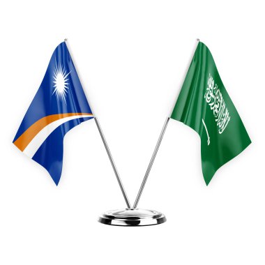 Two table flags isolated on white background 3d illustration, marshall islands and saudi arabia