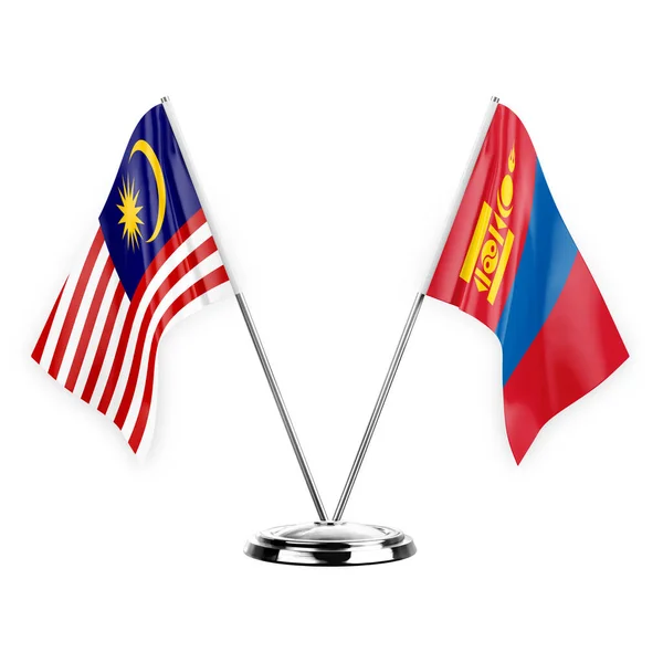 Two Table Flags Isolated White Background Illustration Malaysia Mongolia — стоковое фото