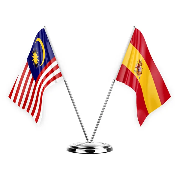 Two Table Flags Isolated White Background Illustration Malaysia Spain — Stockfoto