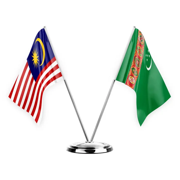 Two Table Flags Isolated White Background Illustration Malaysia Turkmenistan — стоковое фото