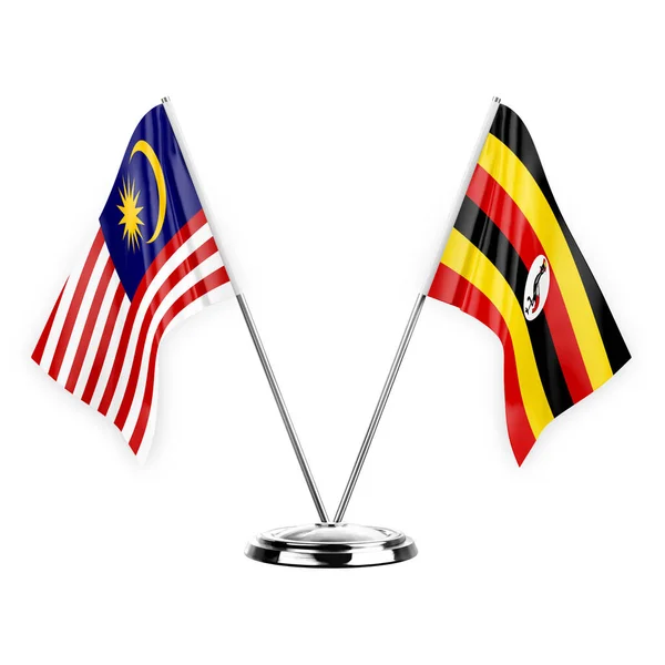Two Table Flags Isolated White Background Illustration Malaysia Uganda — стоковое фото