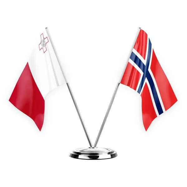 白い背景の3Dイラスト マルタとノルウェーで隔離された2つのテーブルフラグ — ストック写真