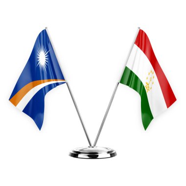 Two table flags isolated on white background 3d illustration, marshall islands and tajikistan
