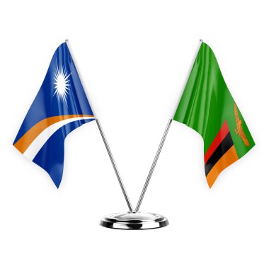 Two table flags isolated on white background 3d illustration, marshall islands and zambia