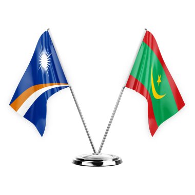 Two table flags isolated on white background 3d illustration, marshall islands and mauritania