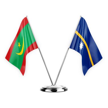 Two table flags isolated on white background 3d illustration, mauritania and nauru