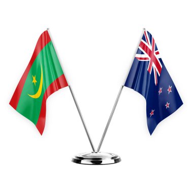 Two table flags isolated on white background 3d illustration, mauritania and new zealand