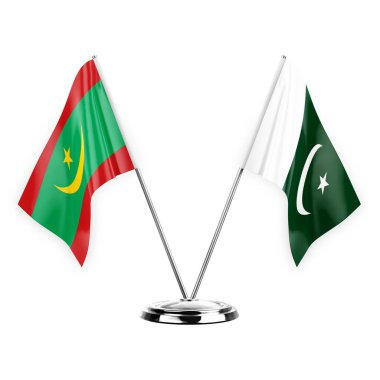 Two table flags isolated on white background 3d illustration, mauritania and pakistan