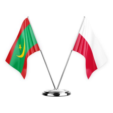 Two table flags isolated on white background 3d illustration, mauritania and poland