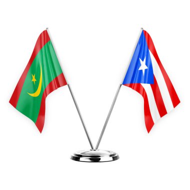 Two table flags isolated on white background 3d illustration, mauritania and puerto rico
