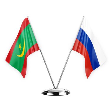 Two table flags isolated on white background 3d illustration, mauritania and russia