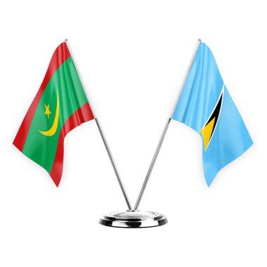 Two table flags isolated on white background 3d illustration, mauritania and saint lucia